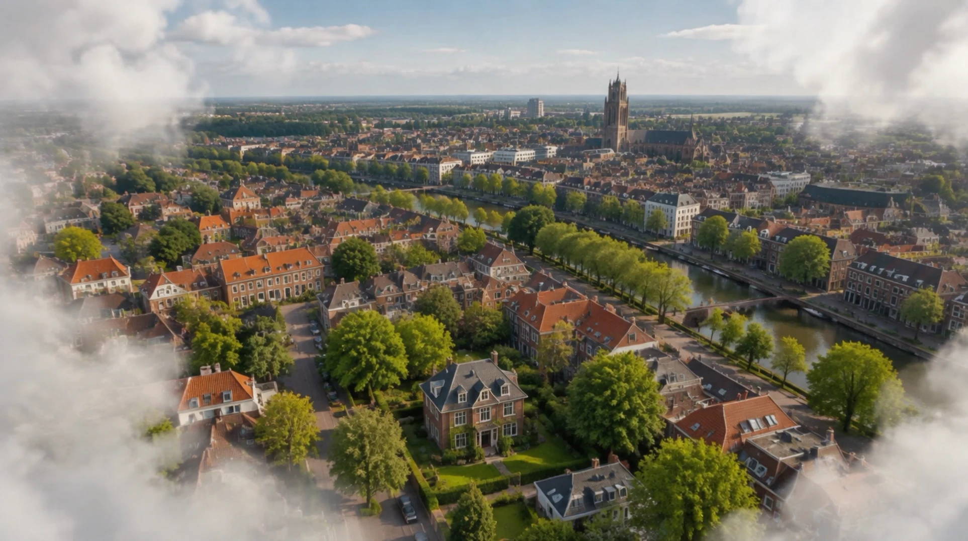 Een Nederlandse stad gezien tussen de wolken