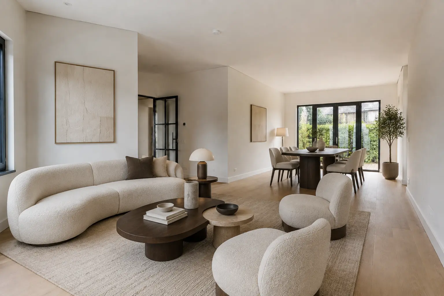 Open woon- en eetruimte als artist impression in Modern Luxury-stijl