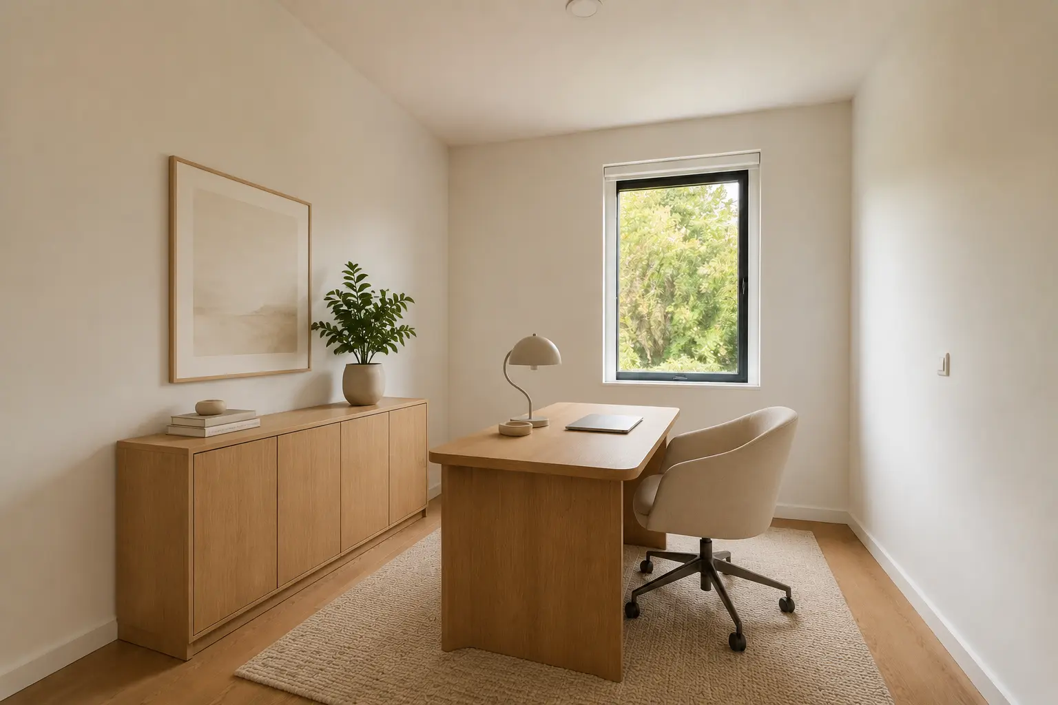 Thuiskantoor als artist impression in Warm Minimalist-stijl