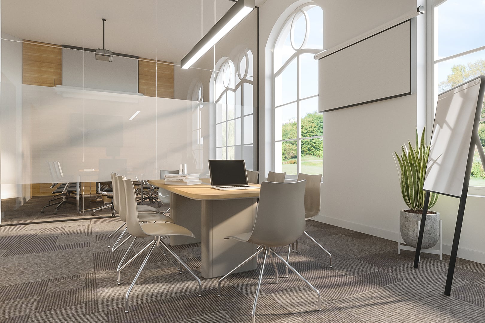 Artist impression van een werkruimte met glazen scheidingswand en hoge ramen