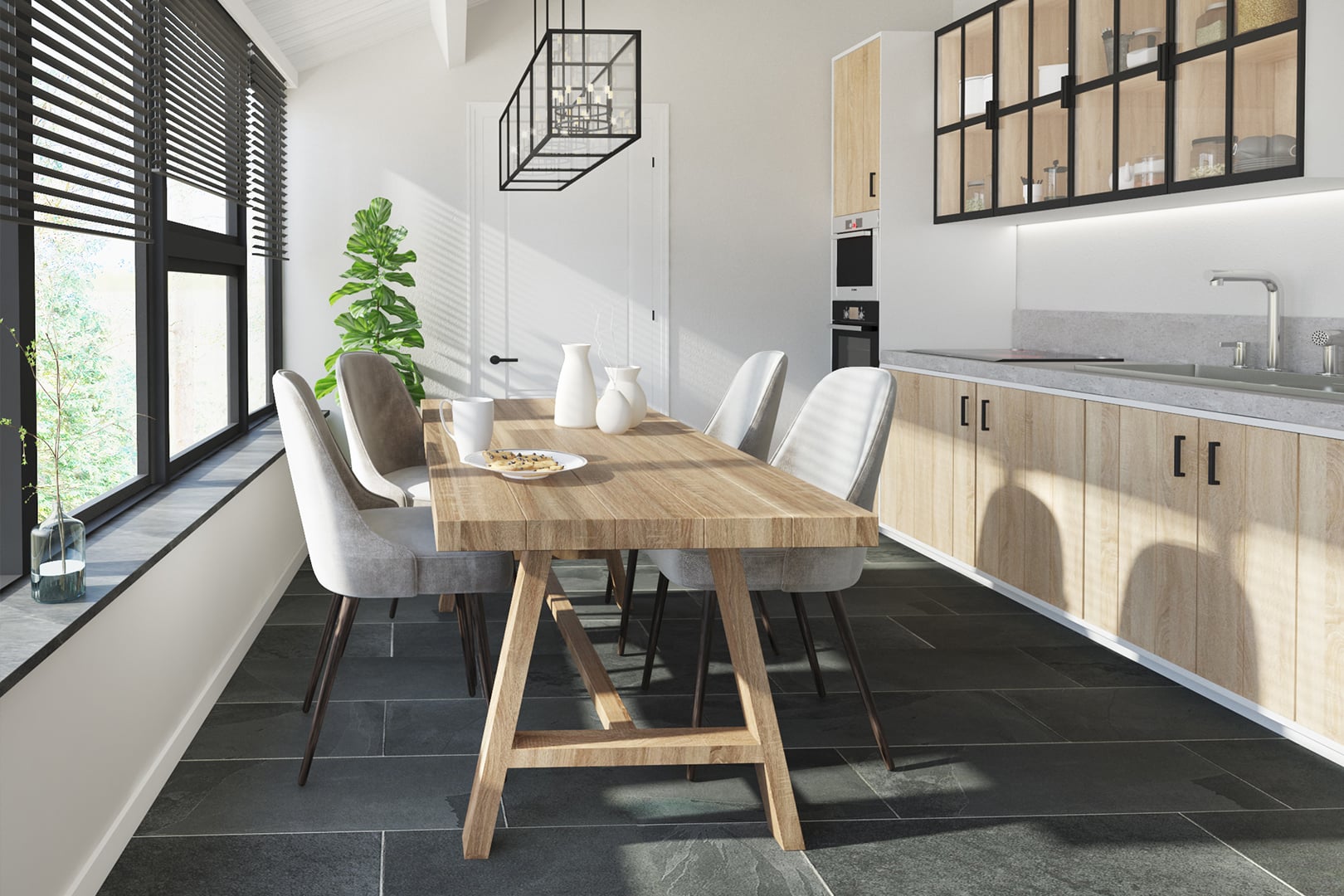 Digitale impressie van een keuken met houten kasten en eettafel