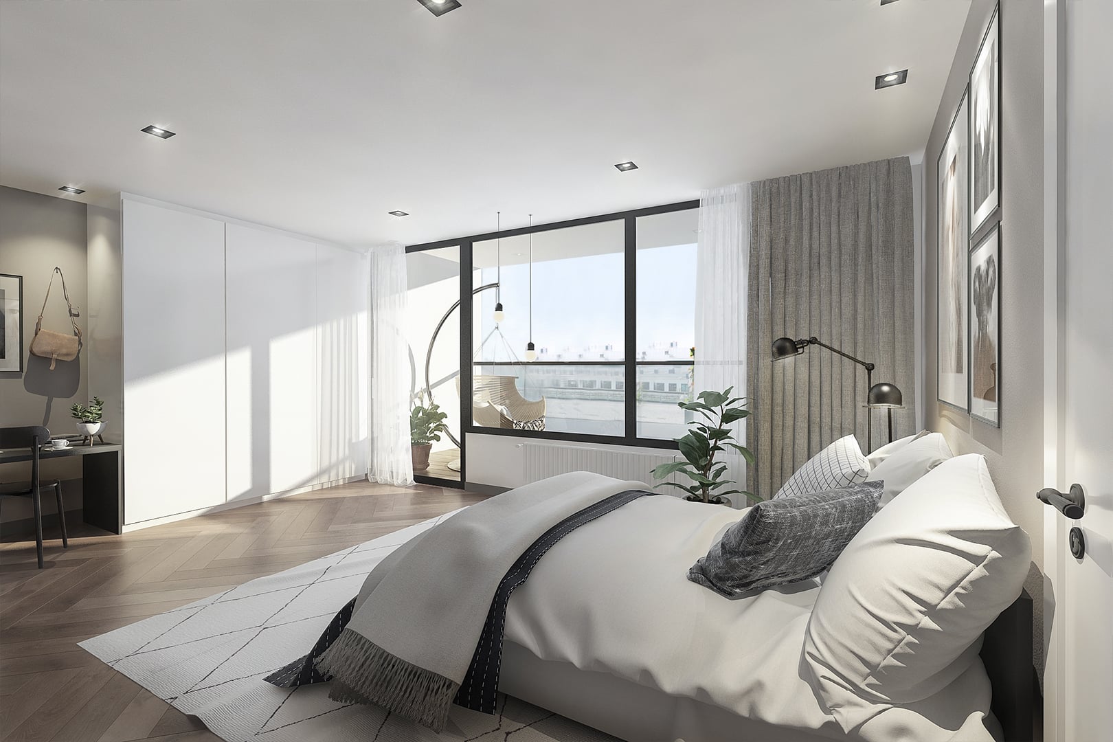 Artist impression van een lichte slaapkamer met kledingkasten en balkon