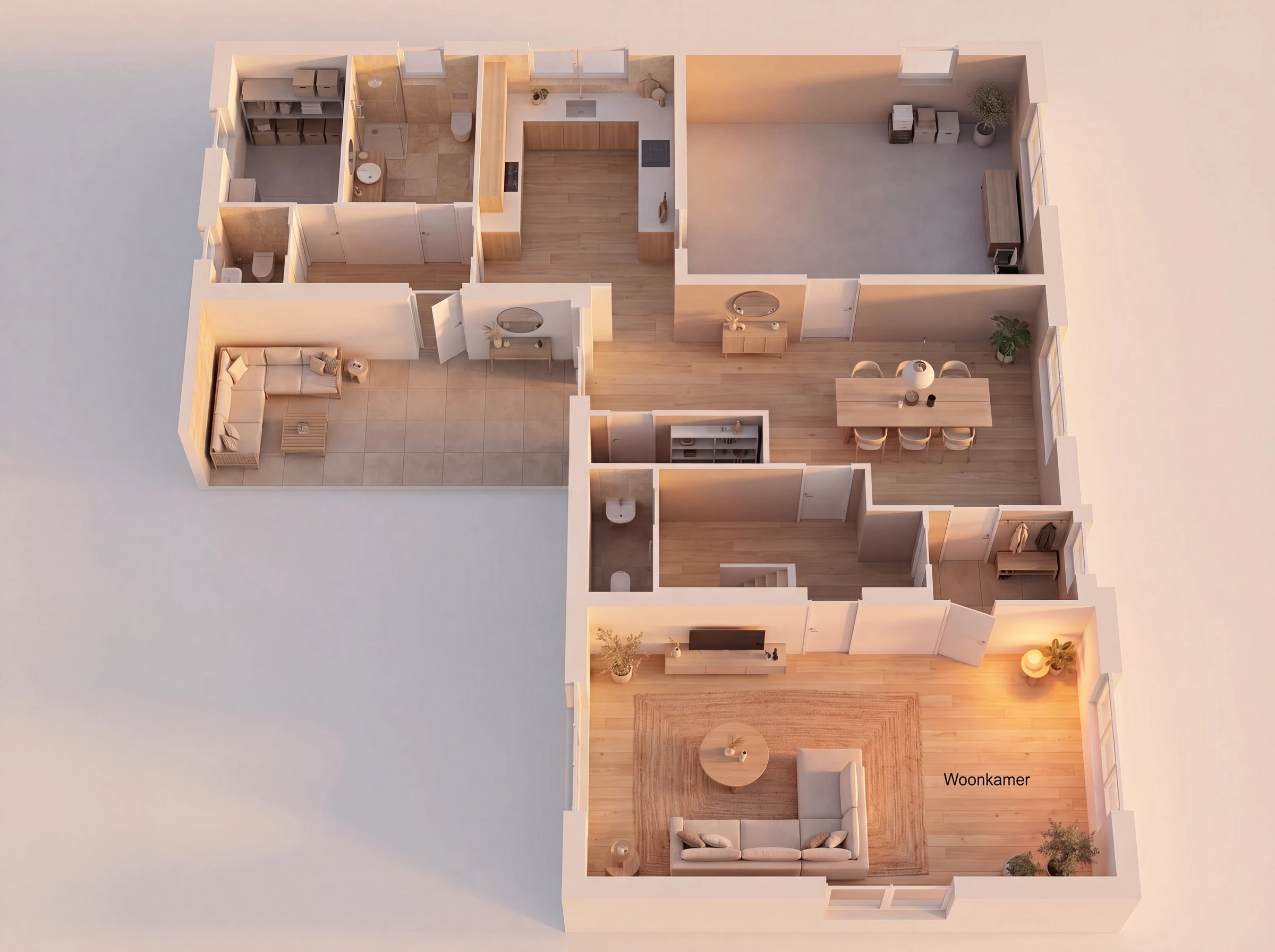 Ingerichte 3D-plattegrond met woonkamer, keuken en meerdere vertrekken