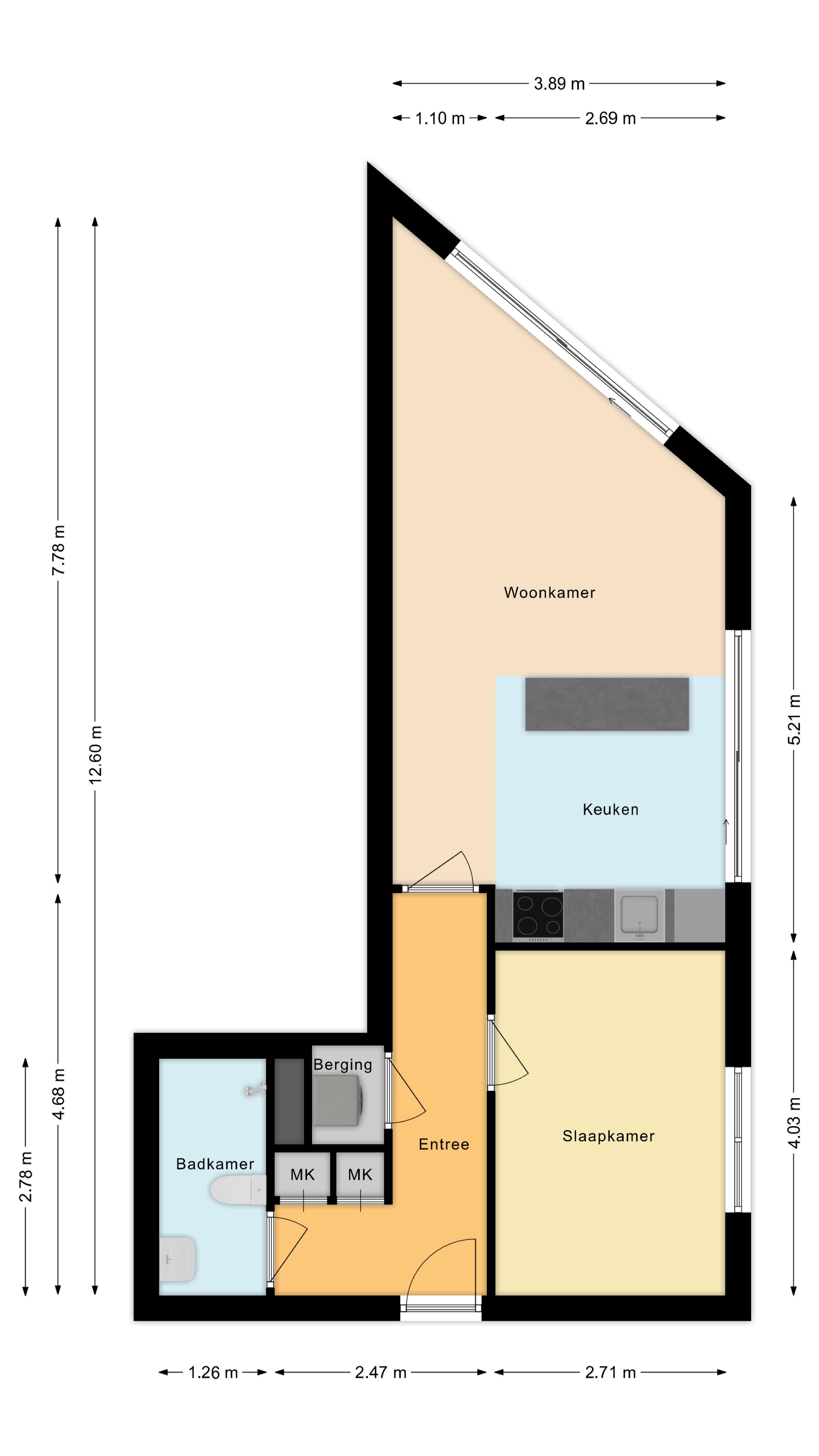 Gekleurde woningplattegrond met woonkamer, keuken, slaapkamer en maatvoering