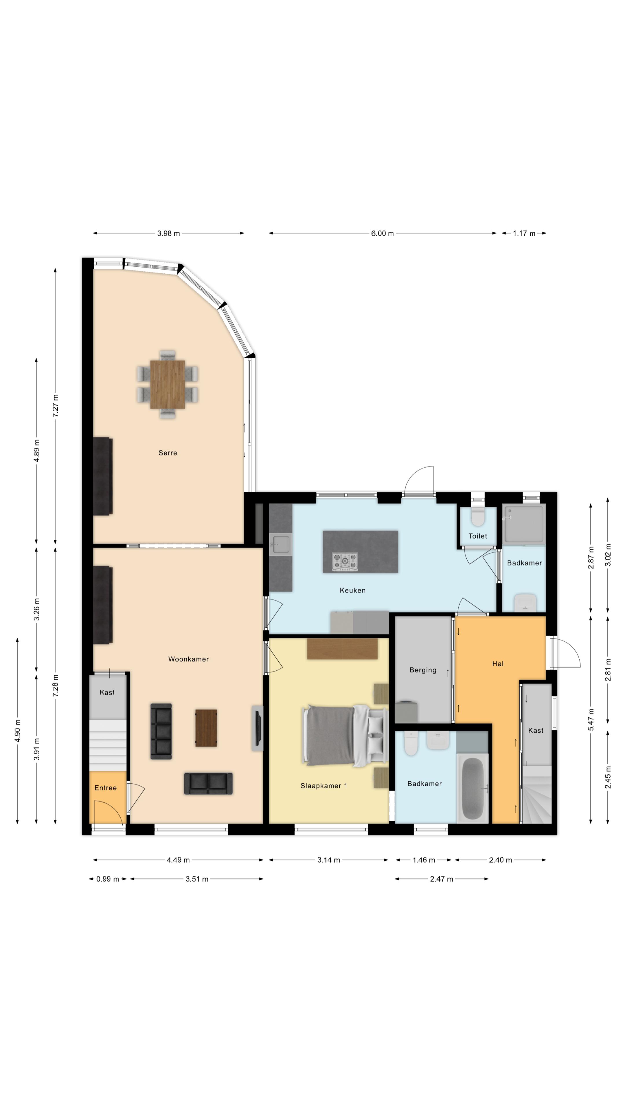 Ingerichte plattegrond met serre, woonkamer, slaapkamer en keuken
